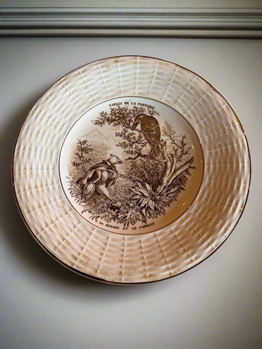 Antique French Transferware Fables De La Fontaine Plate Bird & Fox