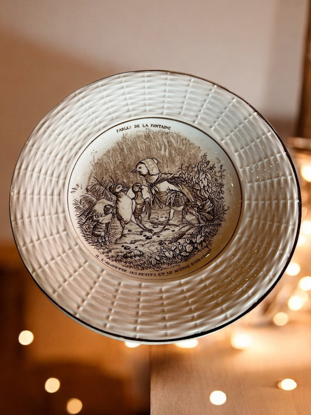 Antique French Transferware Fables De La Fontaine Plate Mother with Chicks