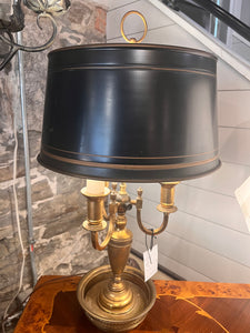 Vintage French Style Bouillotte Brass Lamp with Tole Shade