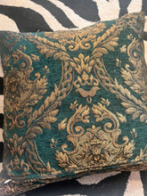 Load image into Gallery viewer, Victorian Damask Green &amp; GoldDown Pillow by Vintage Anthropology