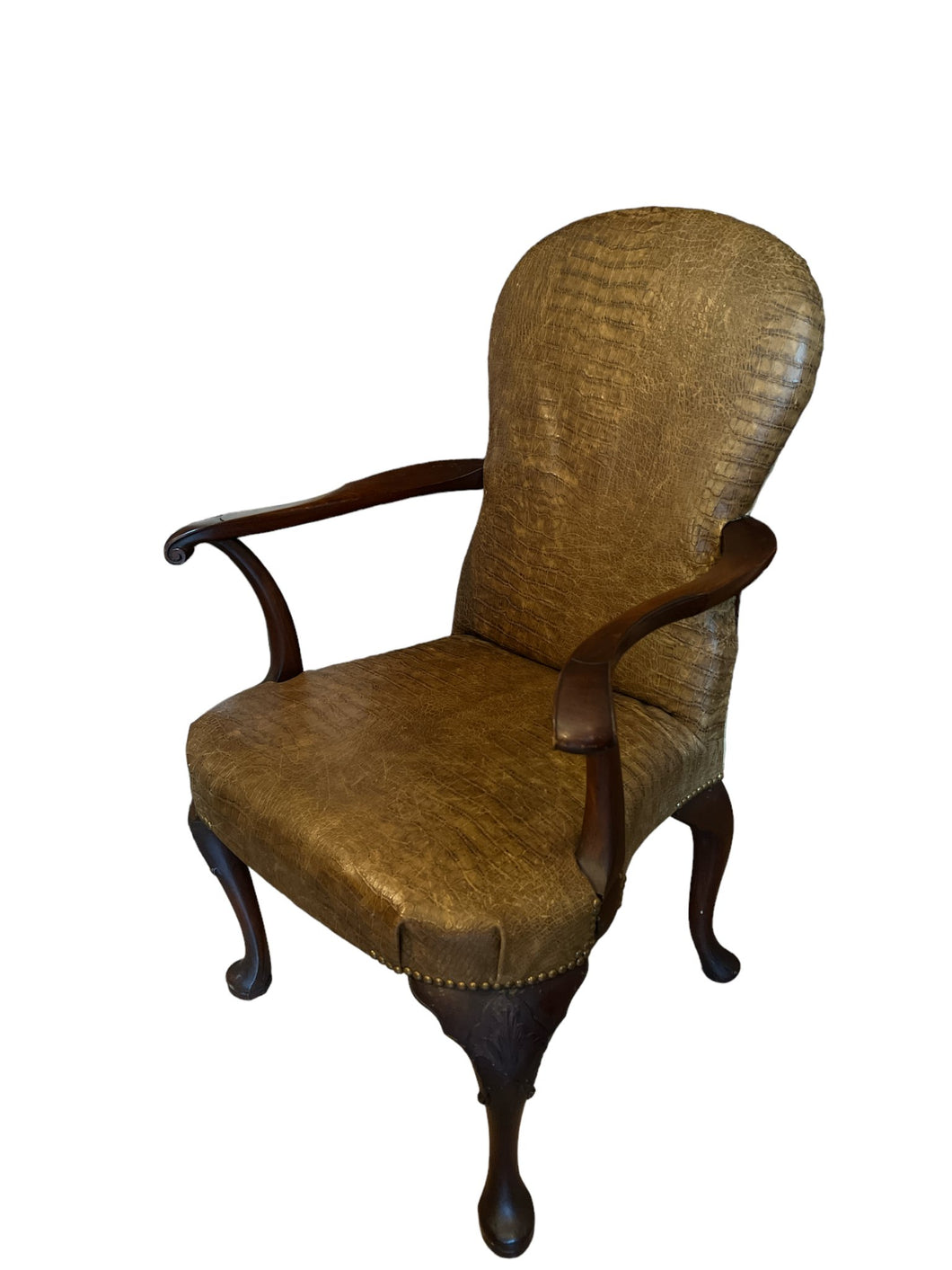 Antique crocodile embossed, leather studded armchair - Vintage AnthropologyVintage Anthropology