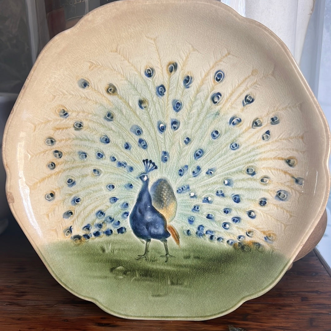 Antique French Majolica Ironstone peacock plate